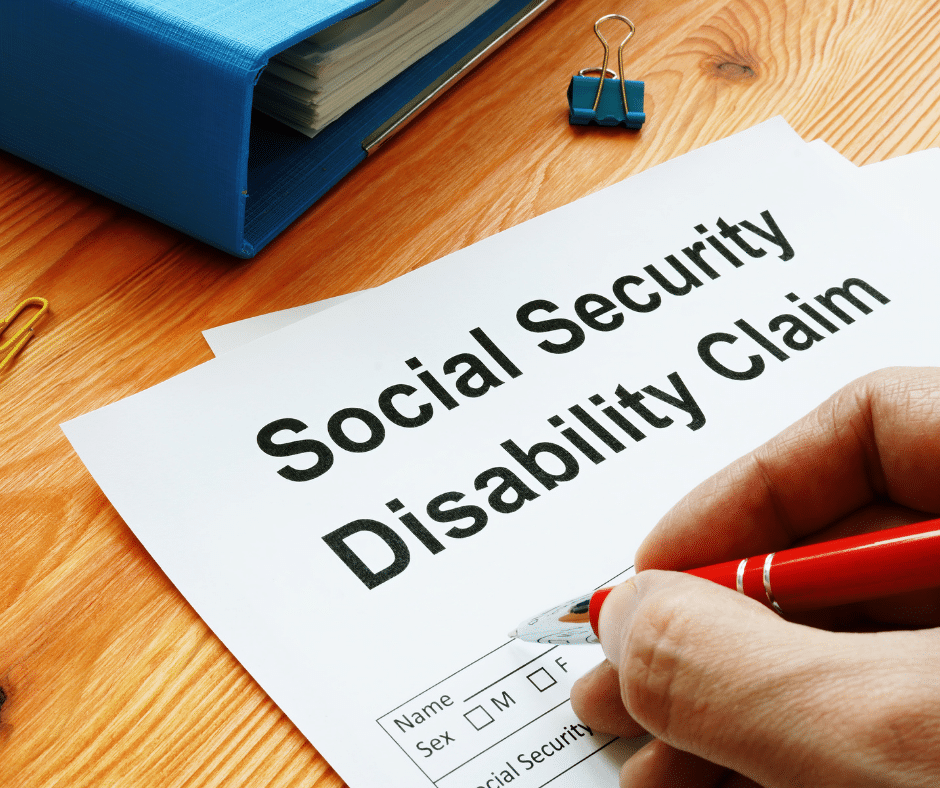 Individual filling out a form with 'Social Security Disability Claim' headline, related to Semenza Law's expertise in social security cases.